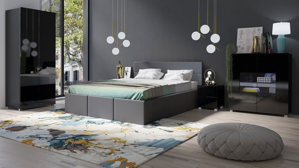Veneti Spálňová zostava s posteľou 160x200 cm CHEMUNG - čierna / lesklá čierna / šedá ekokoža